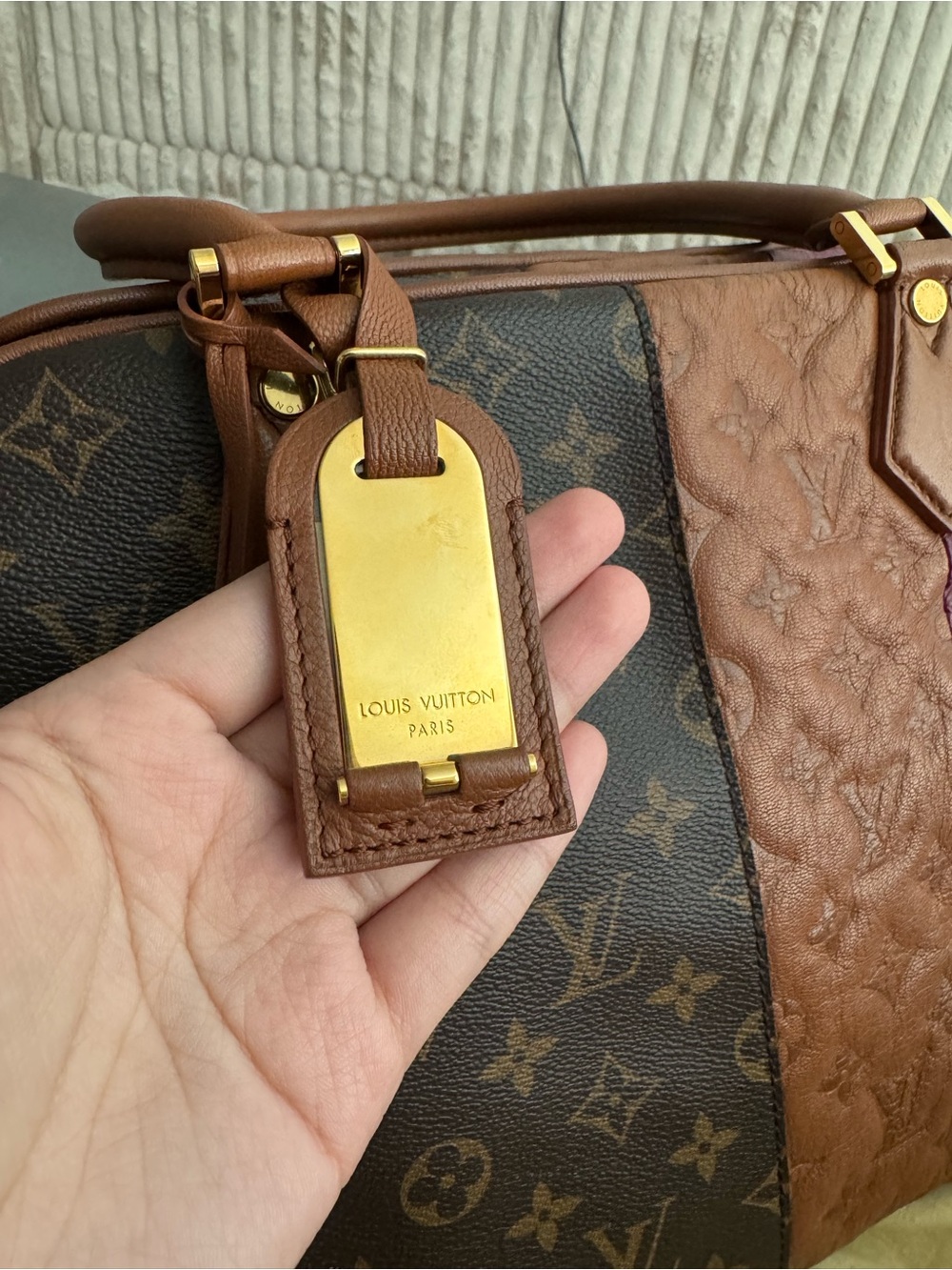 Louis Vuitton Brown, Tan & Burgundy Panelled Monogram Satchel - Picture 2 of 11